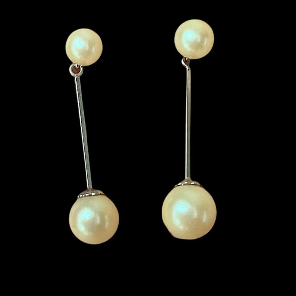14k White Gold Backs Faux Pearl Dangle Drop Earrings